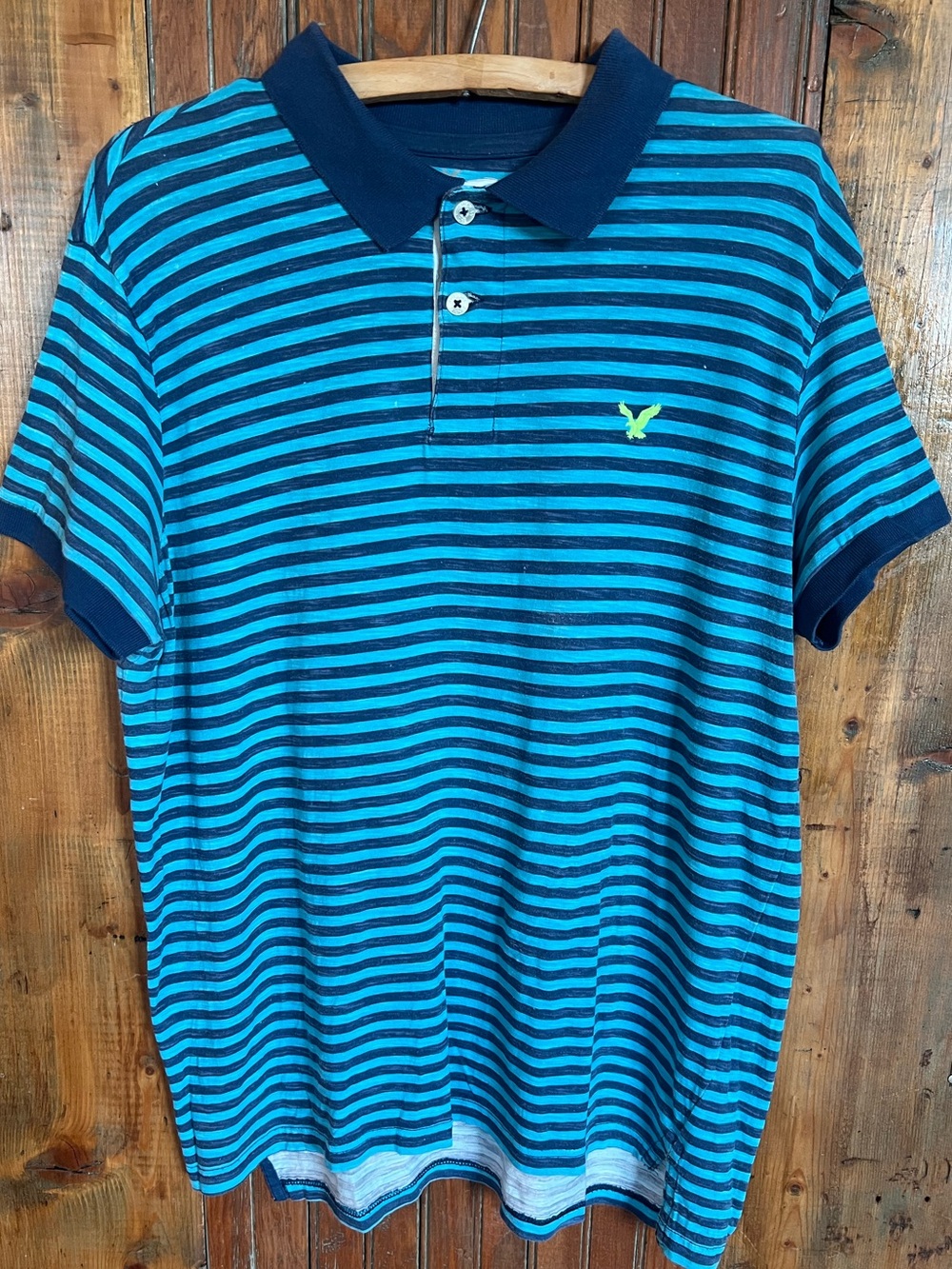 American Eagle Men's Striped Polo Shirt in Teal and Navy Size XL